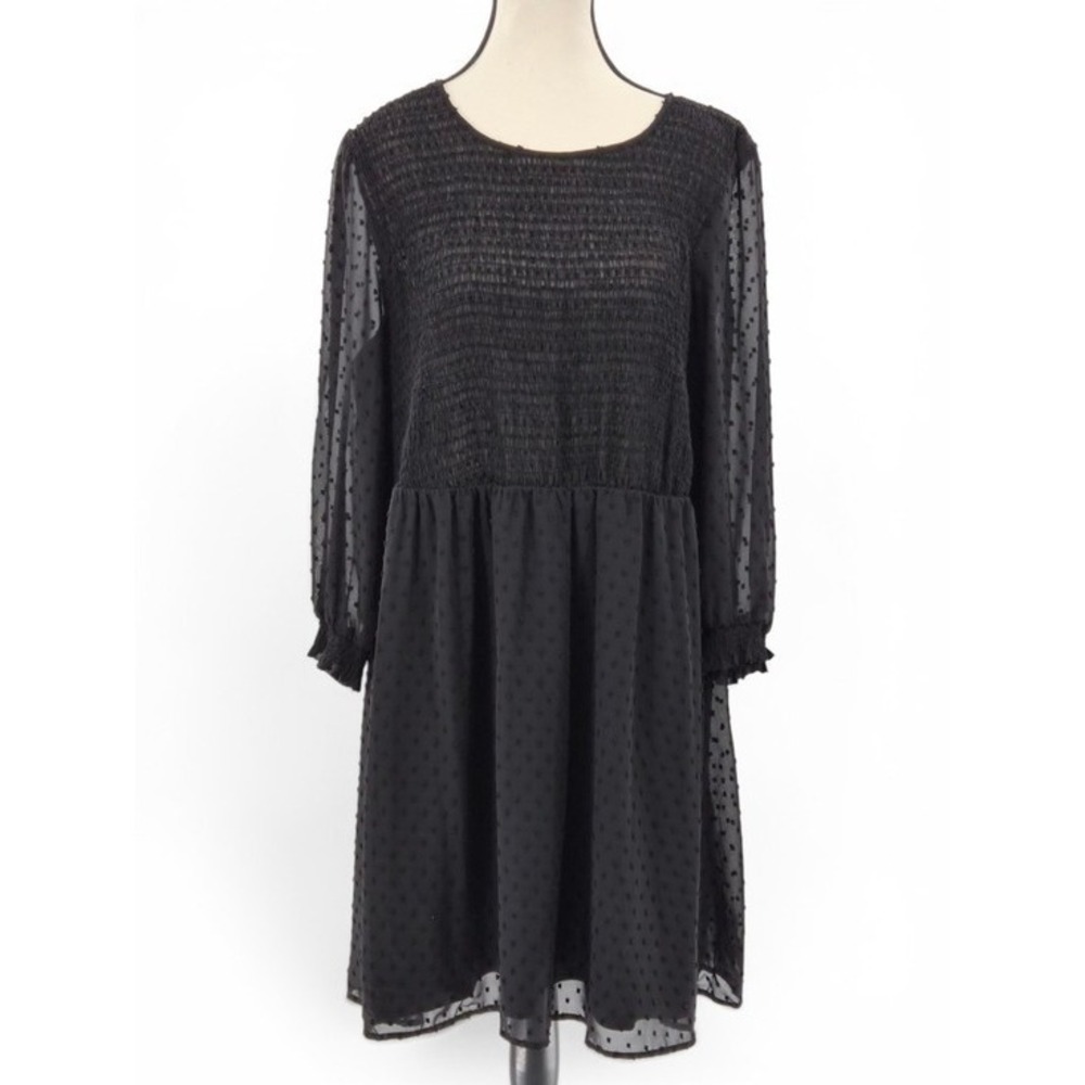 LC Lauren Conrad Black Swiss Midi Dot Dress XL Smocked Bodice Sheer Sleeve Party